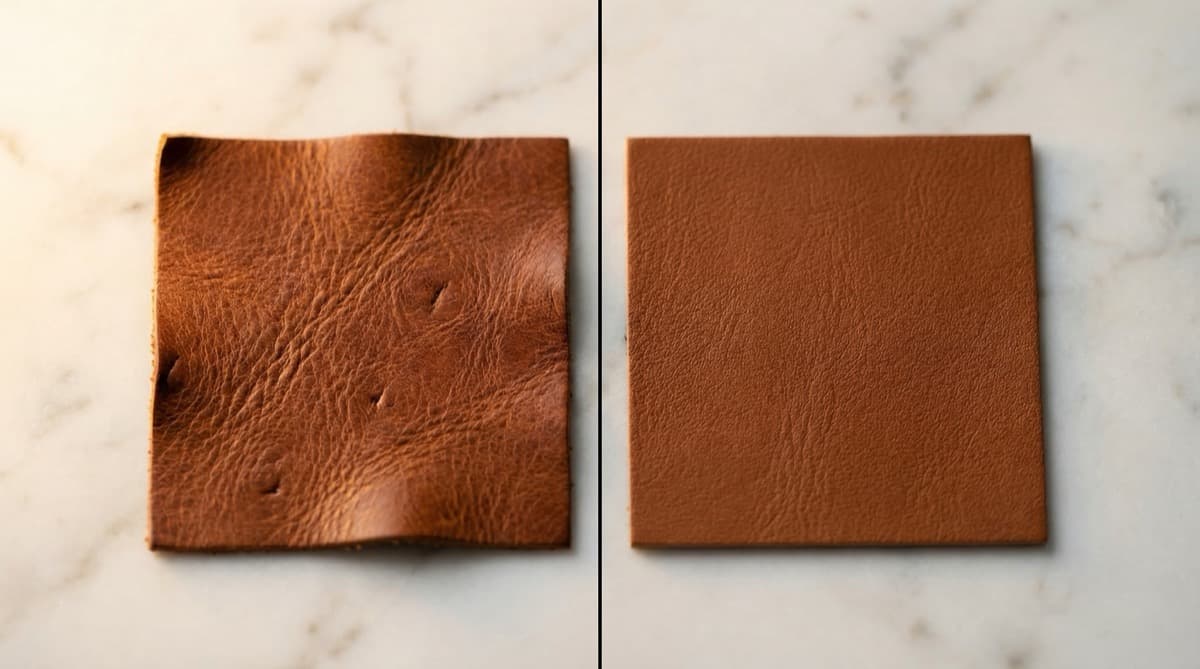 Side-by-side comparison of genuine leather and leatherette jewelry box surfaces showing texture and grain differences