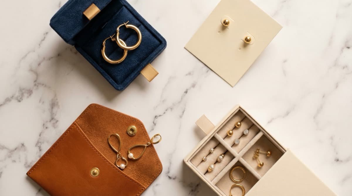 Various earring packaging options including small rigid boxes, display cards, and velvet pouches arranged on white marble