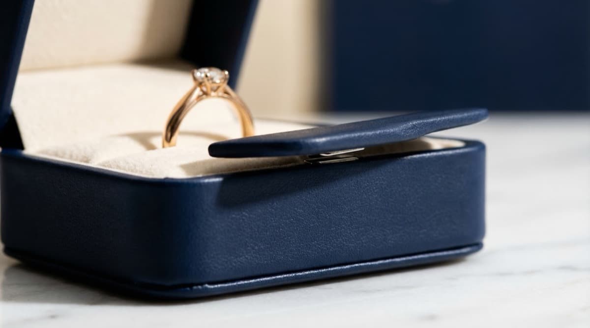 Navy magnetic closure jewelry box partially open showing the magnetic mechanism and cream suede interior lining