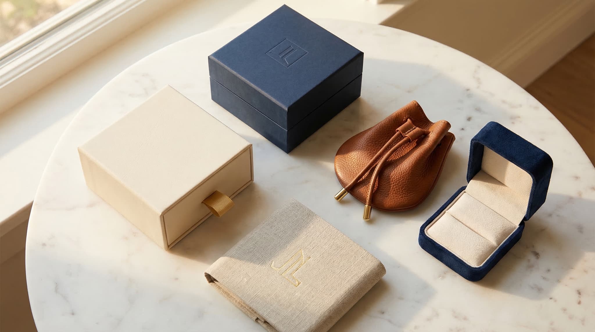Curated arrangement of luxury jewelry boxes and pouches in navy and cream tones on white marble surface showcasing diverse packaging design approaches