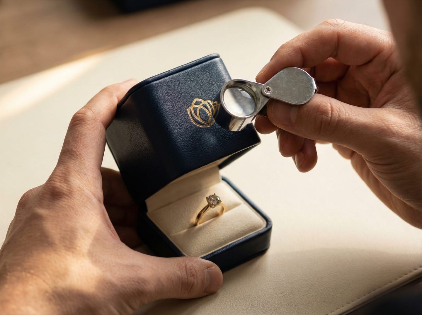 Specialist inspecting a navy leather jewelry box with gold embossed logo using jeweler's loupe — quality control process