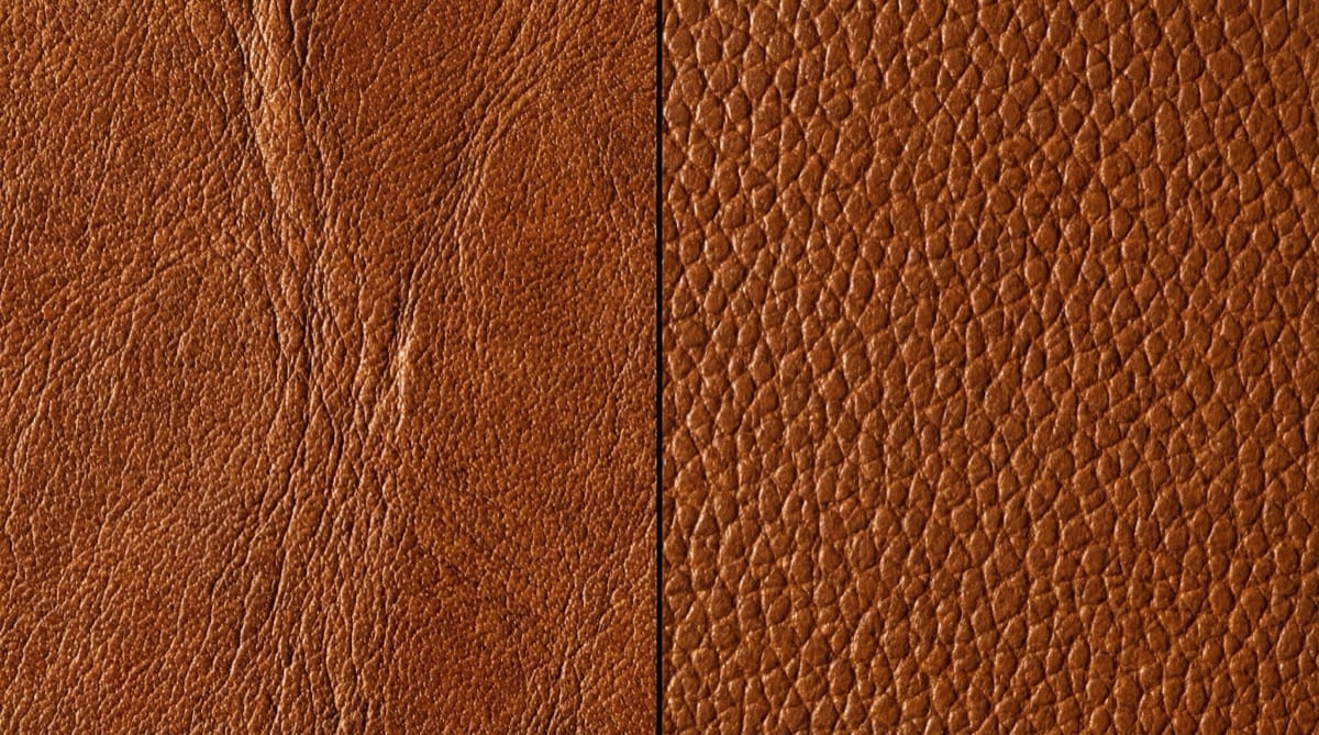 Side-by-side comparison of genuine leather and leatherette grain textures on jewelry box surfaces