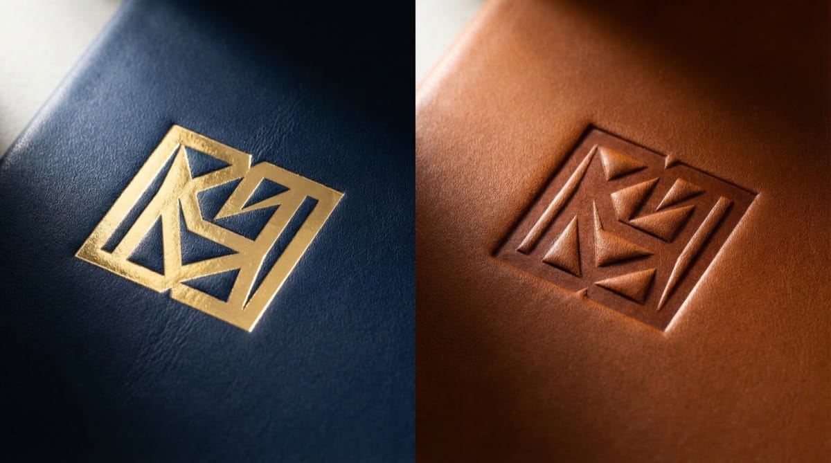 Close-up comparison of gold foil stamping and blind embossing on navy jewelry box lids