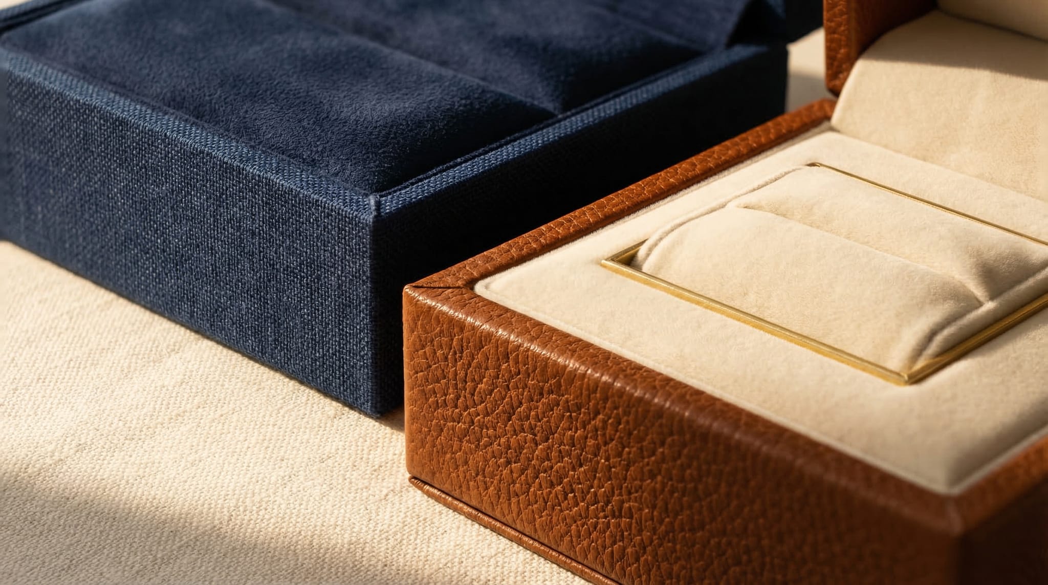 Two jewelry boxes demonstrating texture mixing — pebbled leather exterior beside smooth velvet interior, both in warm neutral tones on cream linen surface