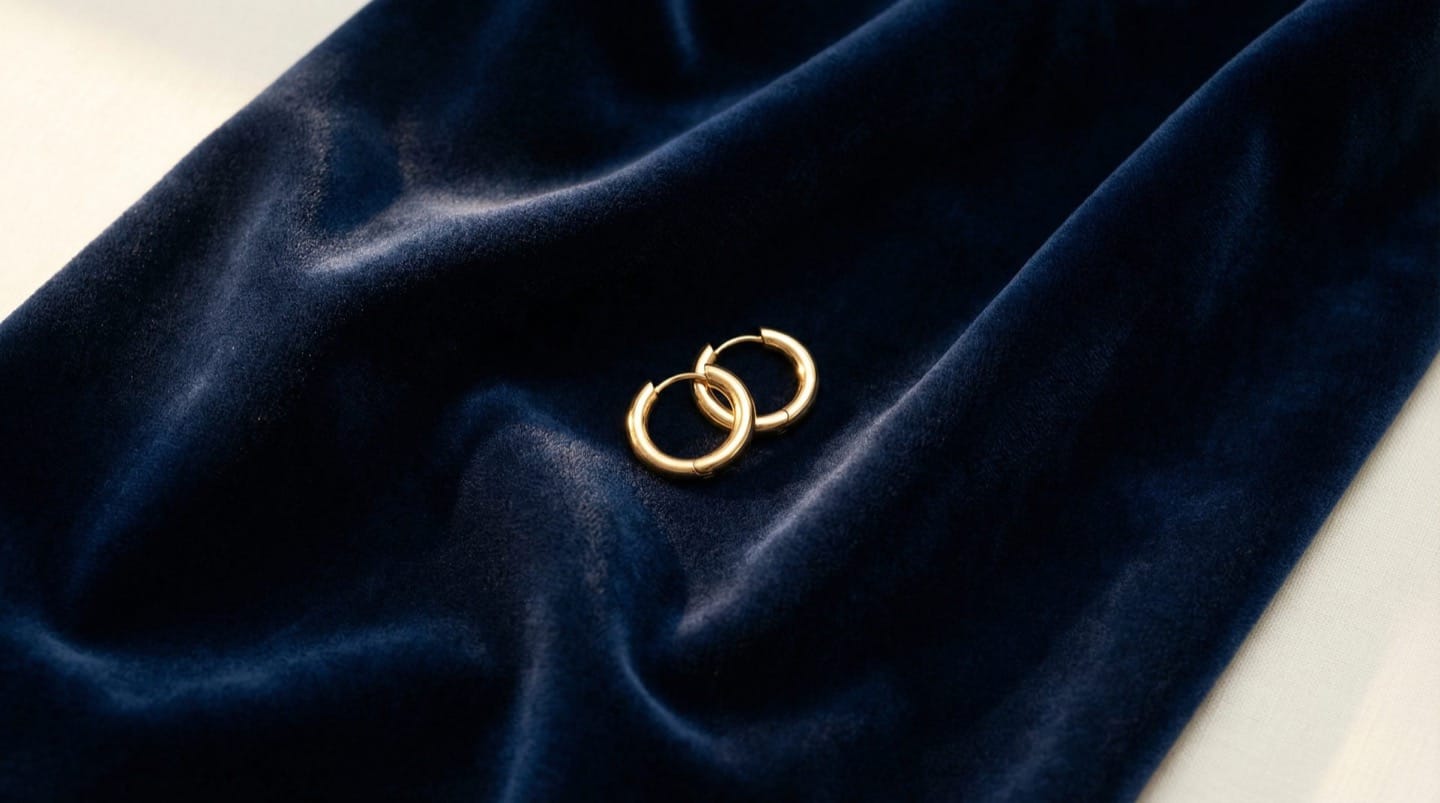 Deep navy blue premium velvet fabric with soft folds and gold hoop earrings on cream background