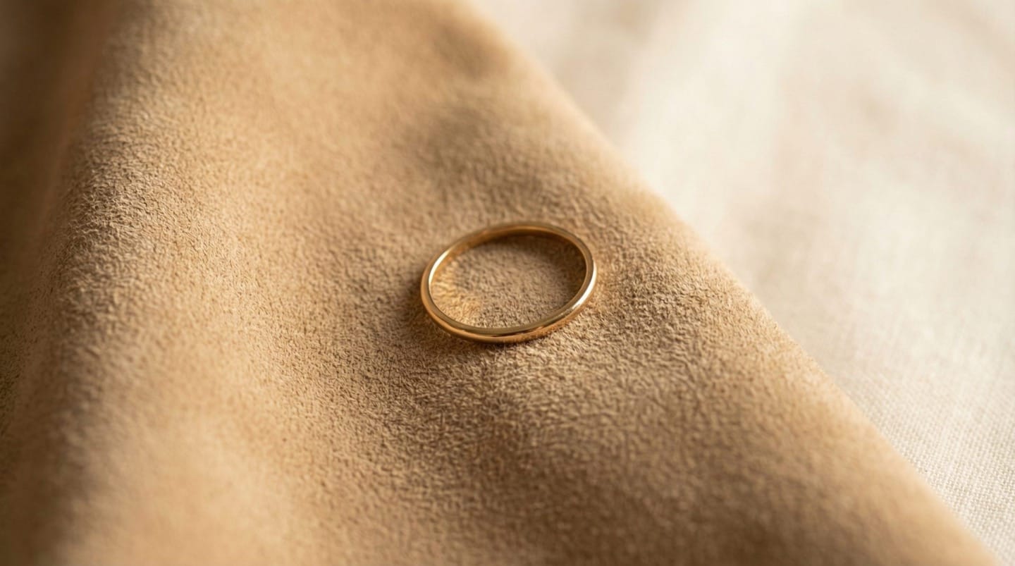 Soft beige suede material with gentle napped texture and a thin gold ring on cream background