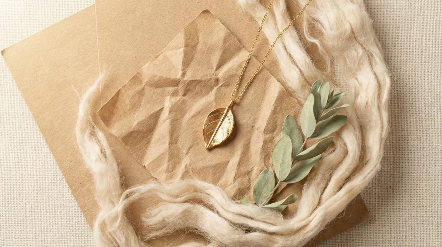 Recycled kraft paper and natural cotton fiber materials with a gold pendant on cream linen surface