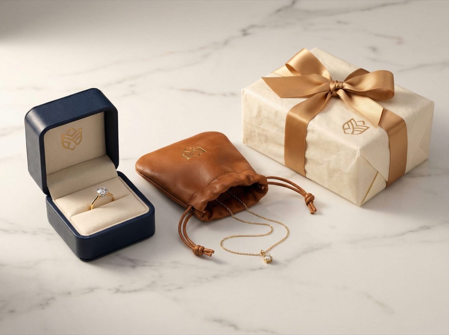 Cohesive branded packaging set — navy leather box with diamond ring, cognac leather pouch with chain, and cream gift box with matching gold foil logos