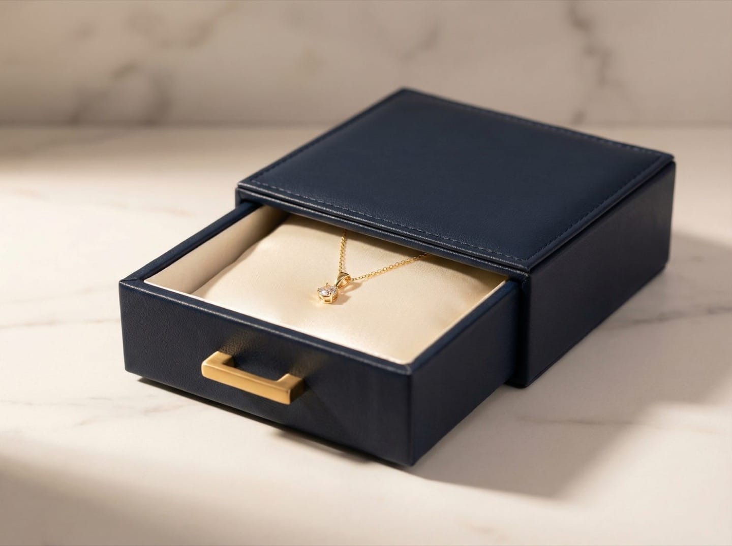 Deep navy leather drawer-style necklace box partially open showing cream satin interior with gold pendant necklace