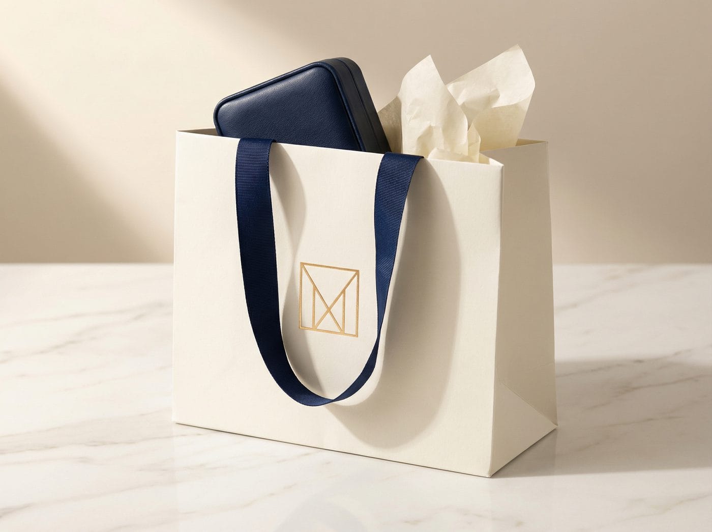 Luxury branded cream paper shopping bag with gold foil logo and navy ribbon handles