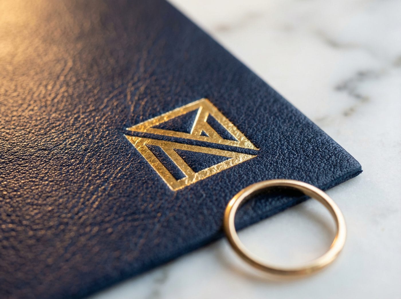 Close-up of gold foil stamped logo on deep navy genuine leather packaging surface