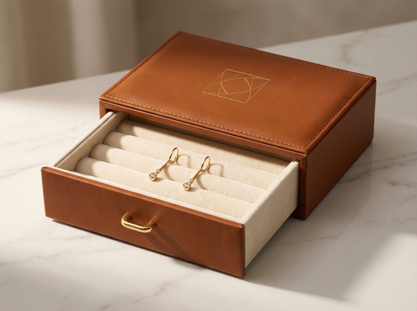Custom drawer-style jewelry box in cognac leather with gold hardware, partially open showing cream velvet with gold earrings