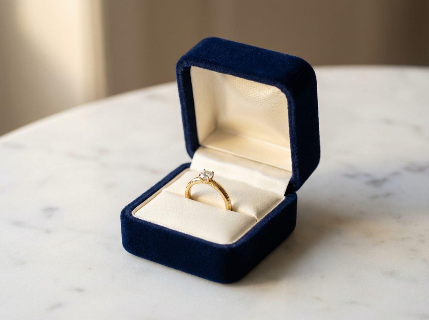 Custom hinged ring box in deep navy velvet, open showing cream satin interior with gold solitaire ring