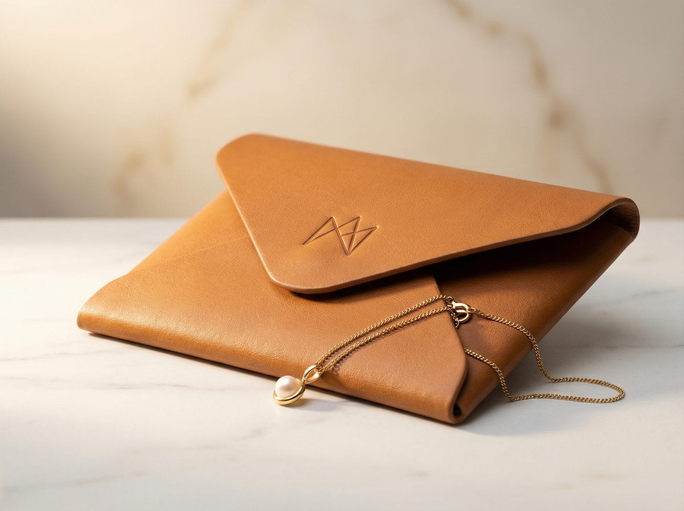Warm tan leather envelope jewelry pouch with debossed logo on flap, gold pendant visible at opening