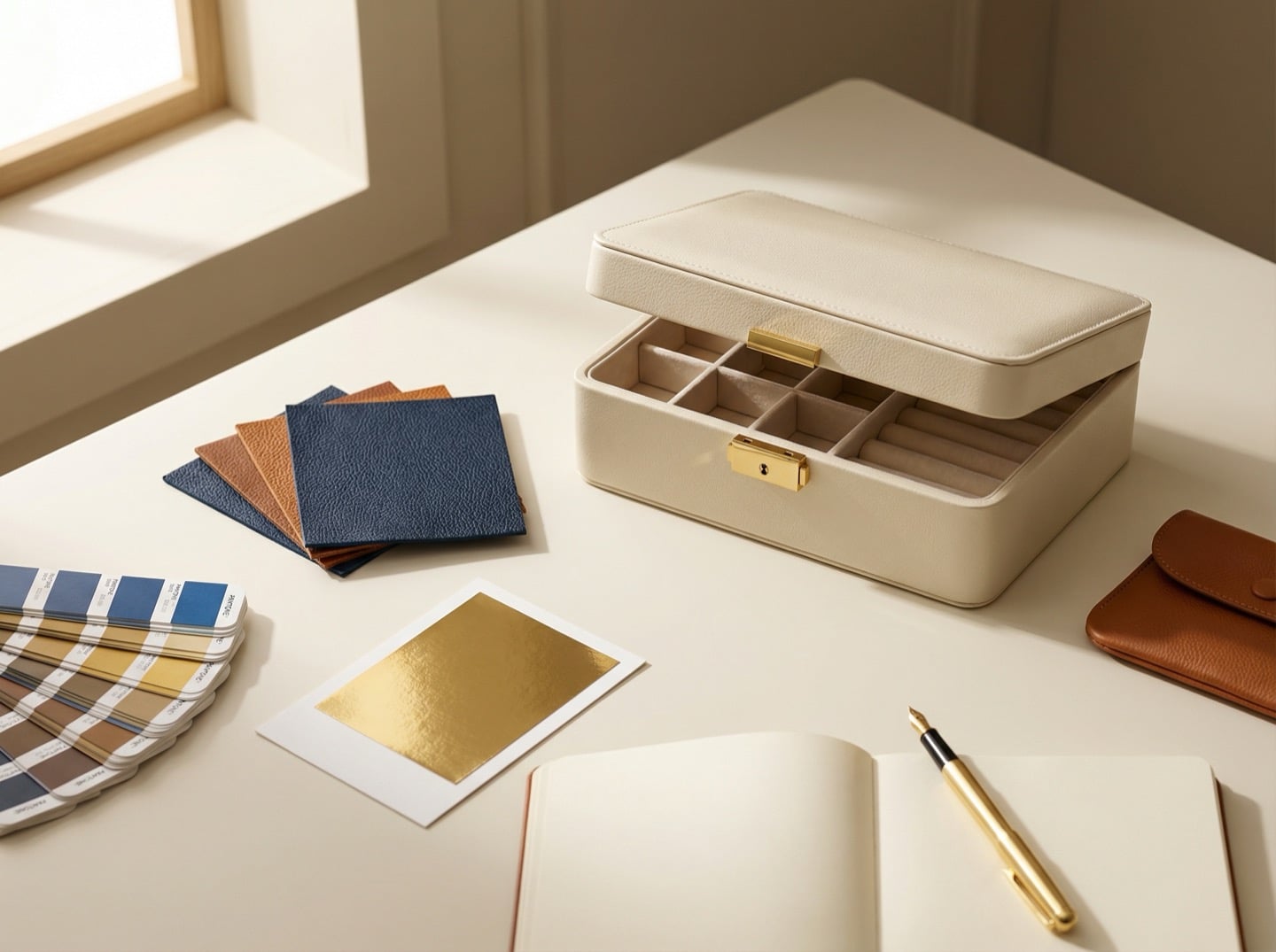 Clean workspace with luxury jewelry packaging samples — leather swatches, gold foil cards, and Pantone chips on cream desk
