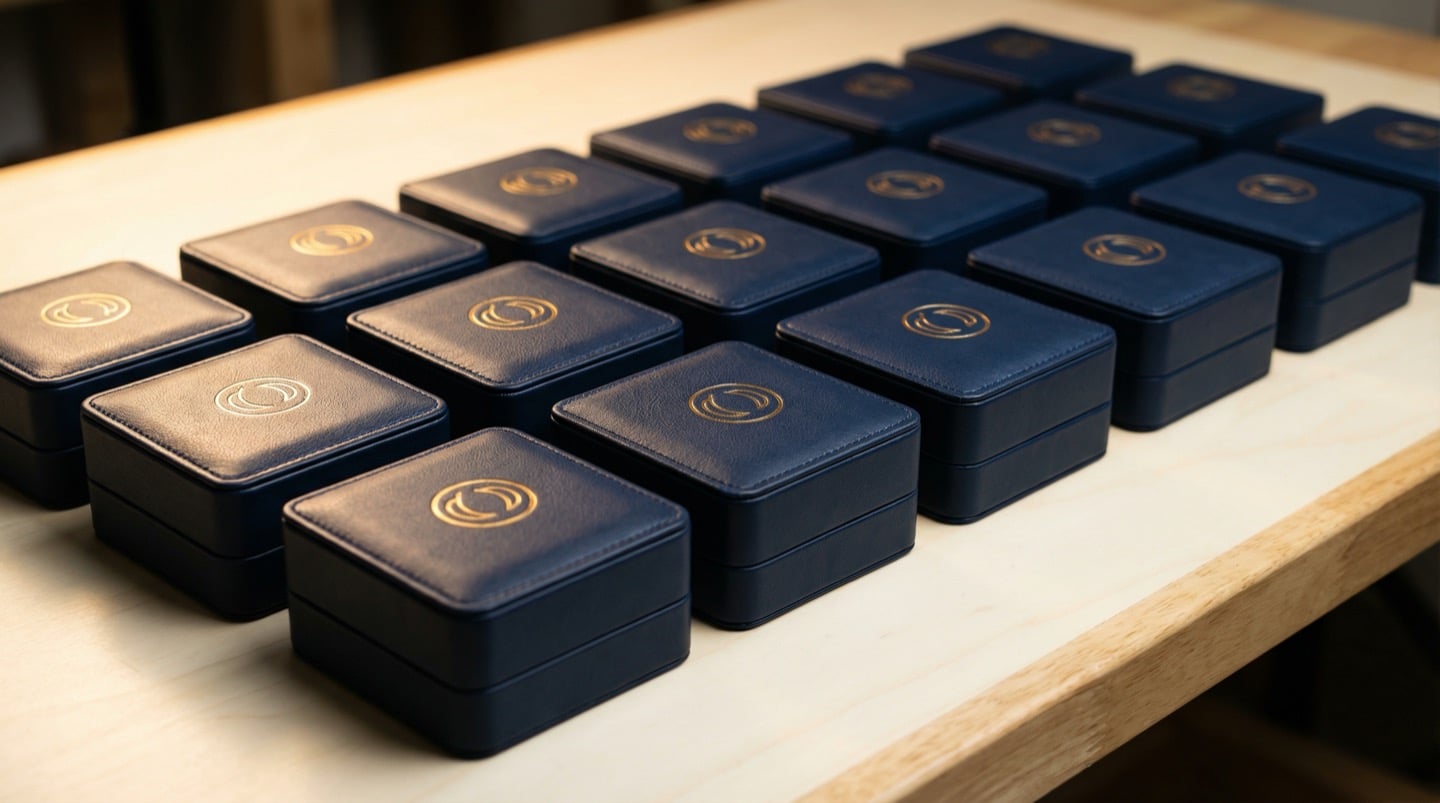Rows of identical custom navy leather jewelry boxes with gold foil logos on production workbench — demonstrating manufacturing capacity