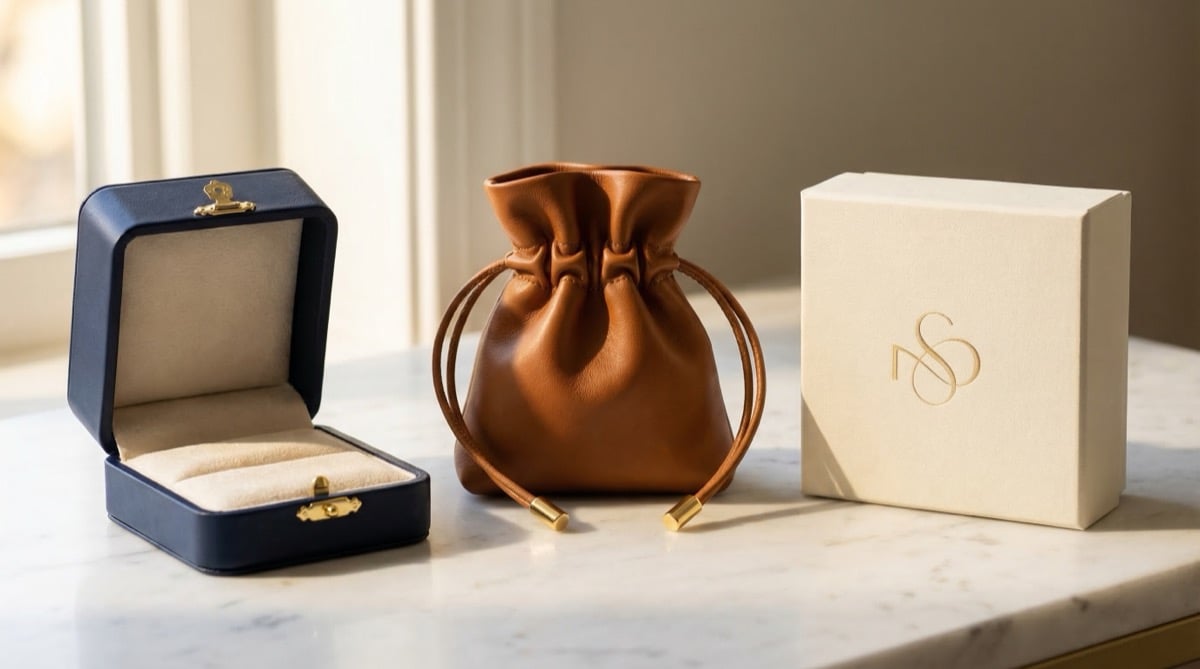 Luxury jewelry packaging collection featuring leather boxes, velvet pouches, and branded bags displayed on cream linen