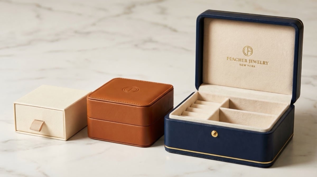 Assorted custom jewelry boxes in navy and cream leather arranged on white marble, showing different sizes and gold foil branding