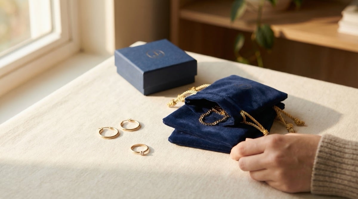 Small collection of custom jewelry boxes and pouches in warm tones, styled for an emerging jewelry brand on cream linen