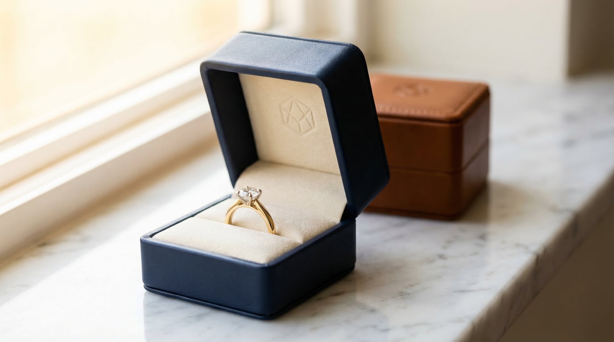Navy leather engagement ring box open on white marble showing cream velvet interior with gold solitaire ring on cushion insert