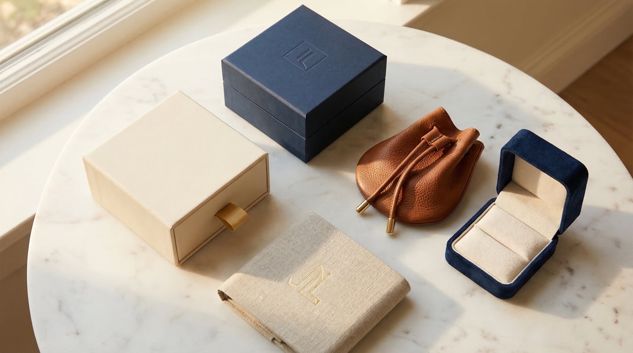 Curated arrangement of luxury jewelry boxes and pouches in navy and cream tones on white marble surface showcasing diverse packaging design approaches