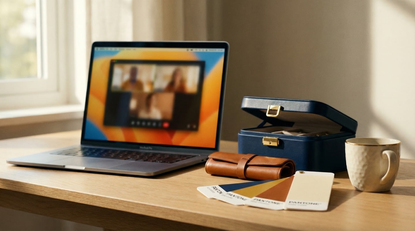 Clean desk setup with laptop showing video call, navy leather jewelry box, cognac pouch, and Pantone swatches — virtual consultation