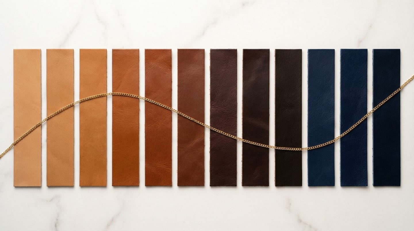 Genuine leather swatches in gradient from tan to cognac to navy with gold chain necklace, overhead on white marble