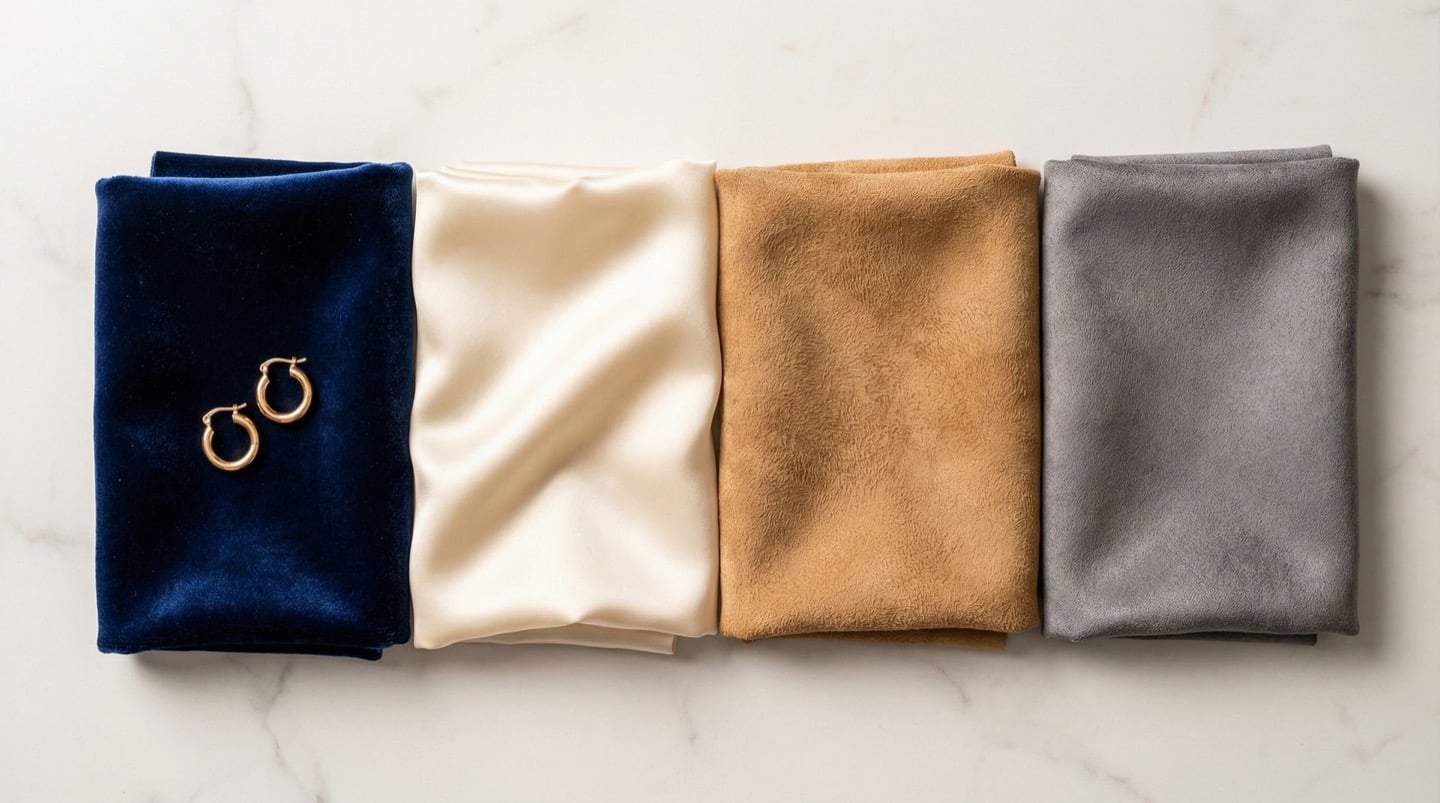 Row of fabric swatches — navy velvet, cream silk, tan suede, grey microfiber — with gold hoop earrings on marble