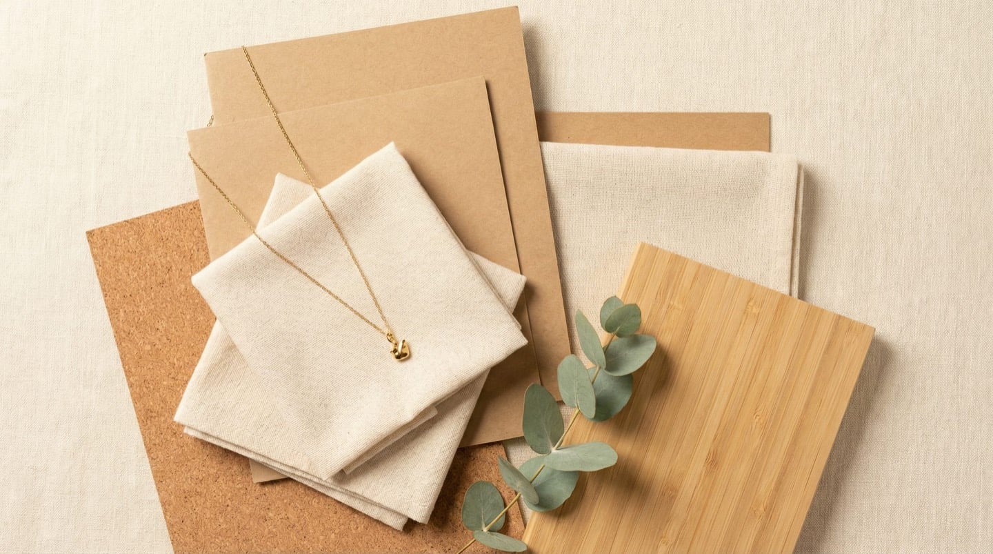 Eco-friendly packaging materials — recycled kraft paper, natural cotton, cork sheet, and bamboo fiber on cream linen