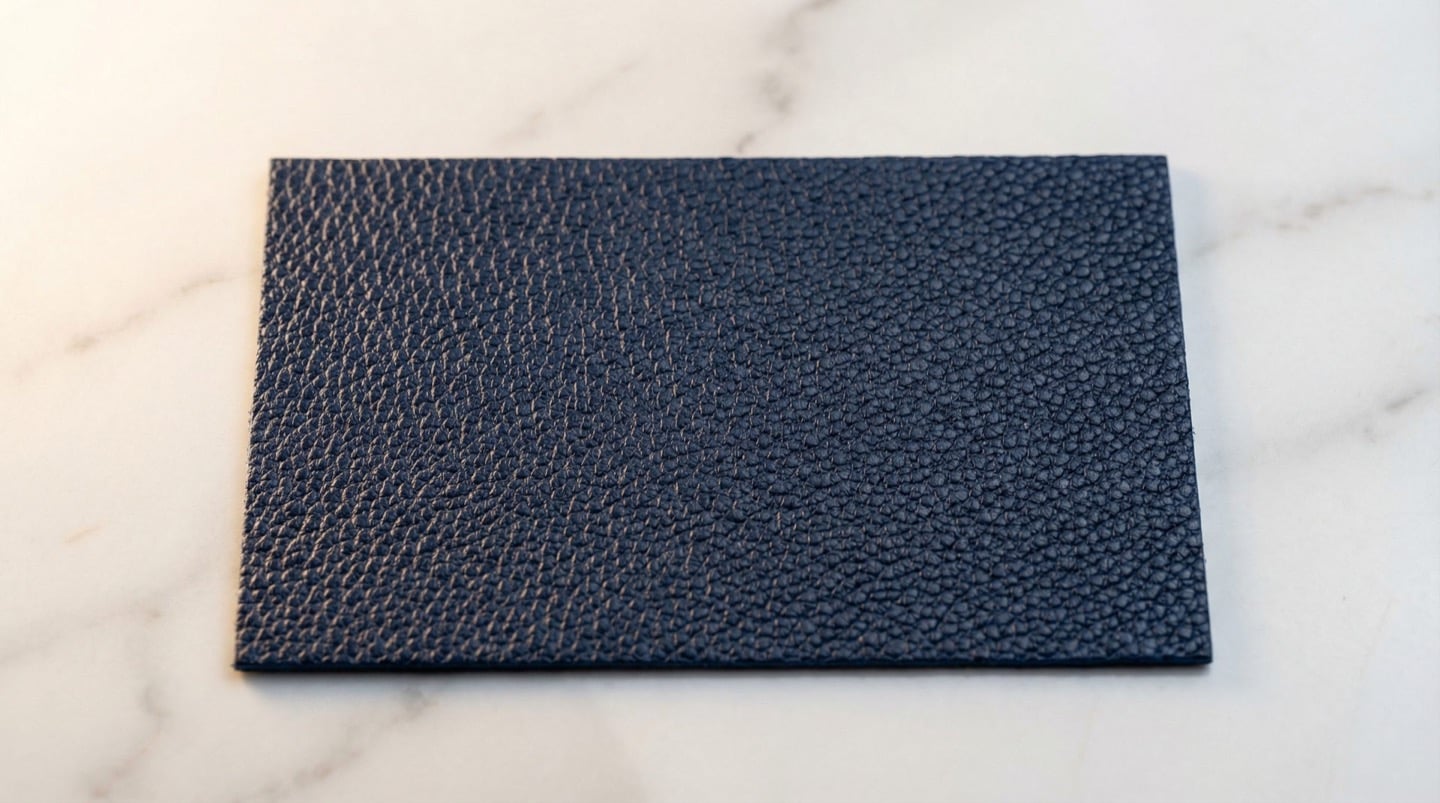 Pebbled genuine leather swatch in deep navy showing embossed pebble texture pattern — packaging material