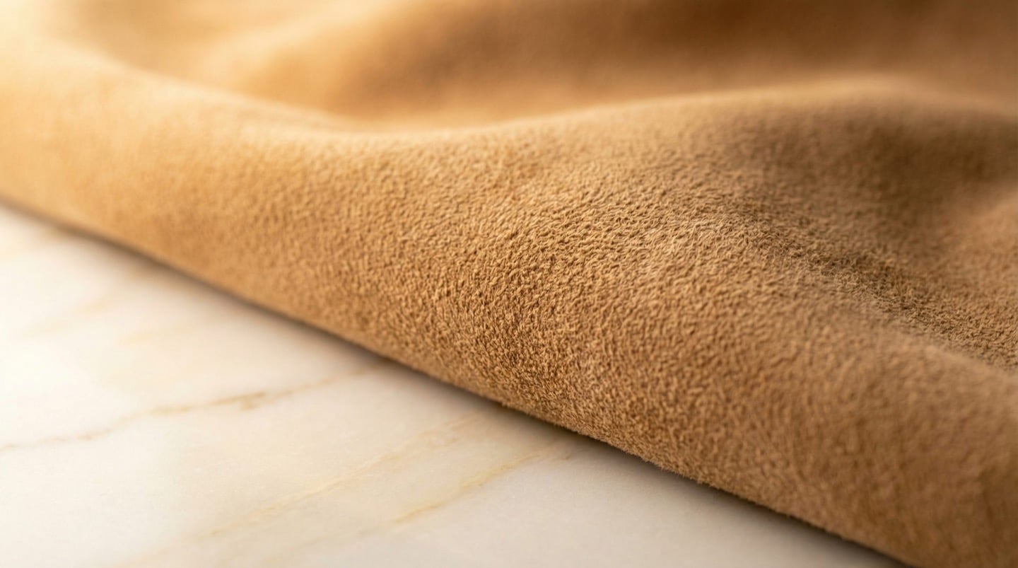 Warm tan suede material showing soft napped texture — jewelry packaging interior lining material