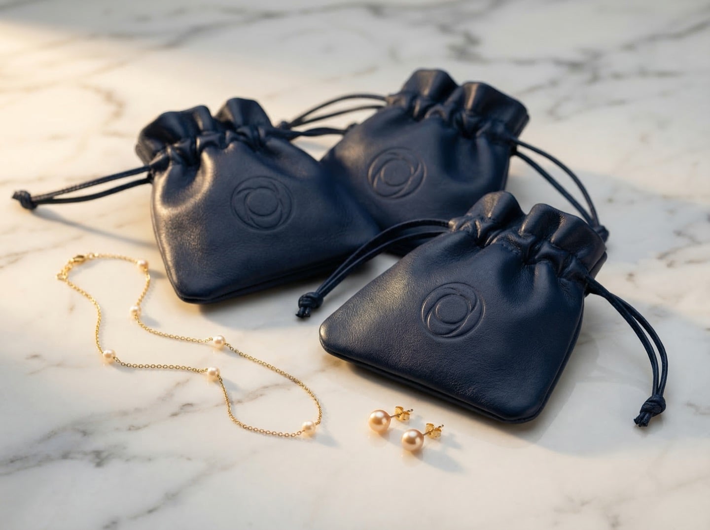 Three custom navy leather drawstring pouches with blind embossed logos on white marble — bespoke packaging for a London jewelry brand
