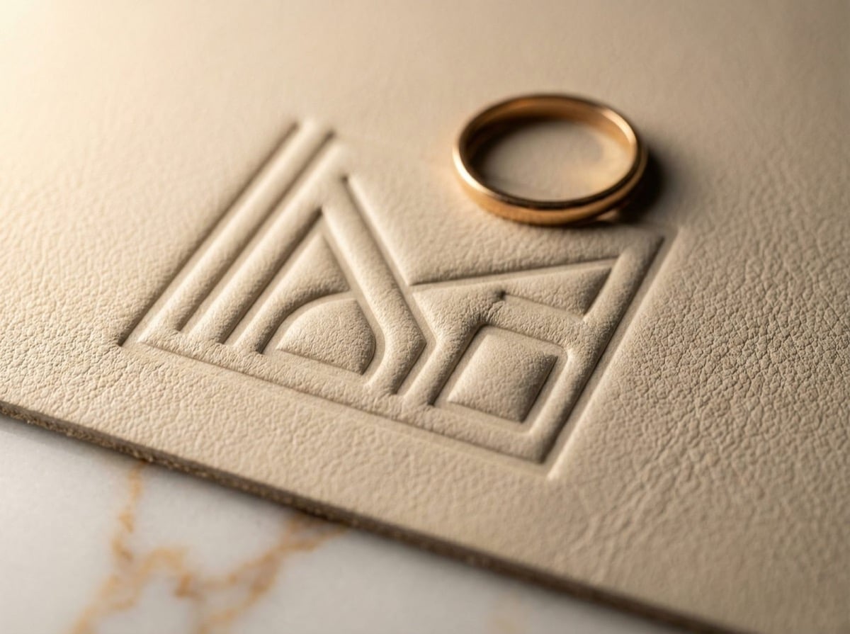 Macro close-up of blind embossing on cream leather showing raised geometric logo impression
