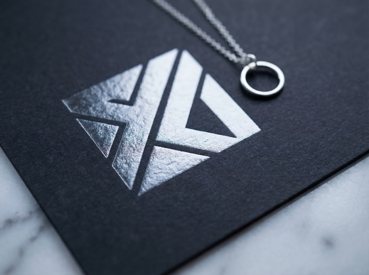 Macro close-up of silver foil stamping on dark charcoal paper board — cool-toned mirror finish