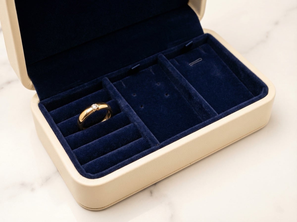 Overhead view of navy velvet-flocked custom insert inside cream leather jewelry box with precision-cut slots for ring, earrings, and pendant