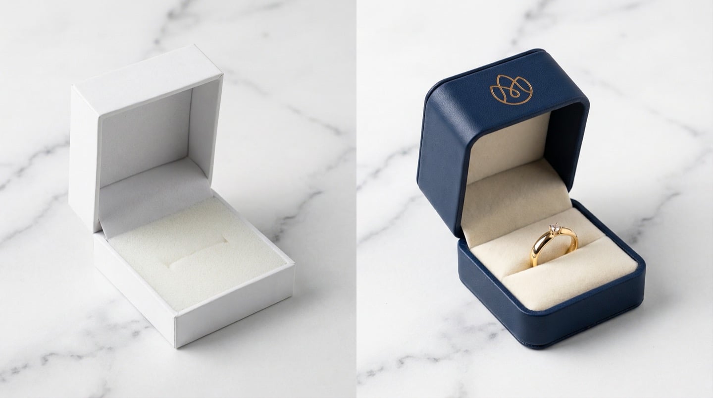 Side-by-side comparison — plain white generic jewelry box versus custom navy leather box with gold foil logo and velvet interior